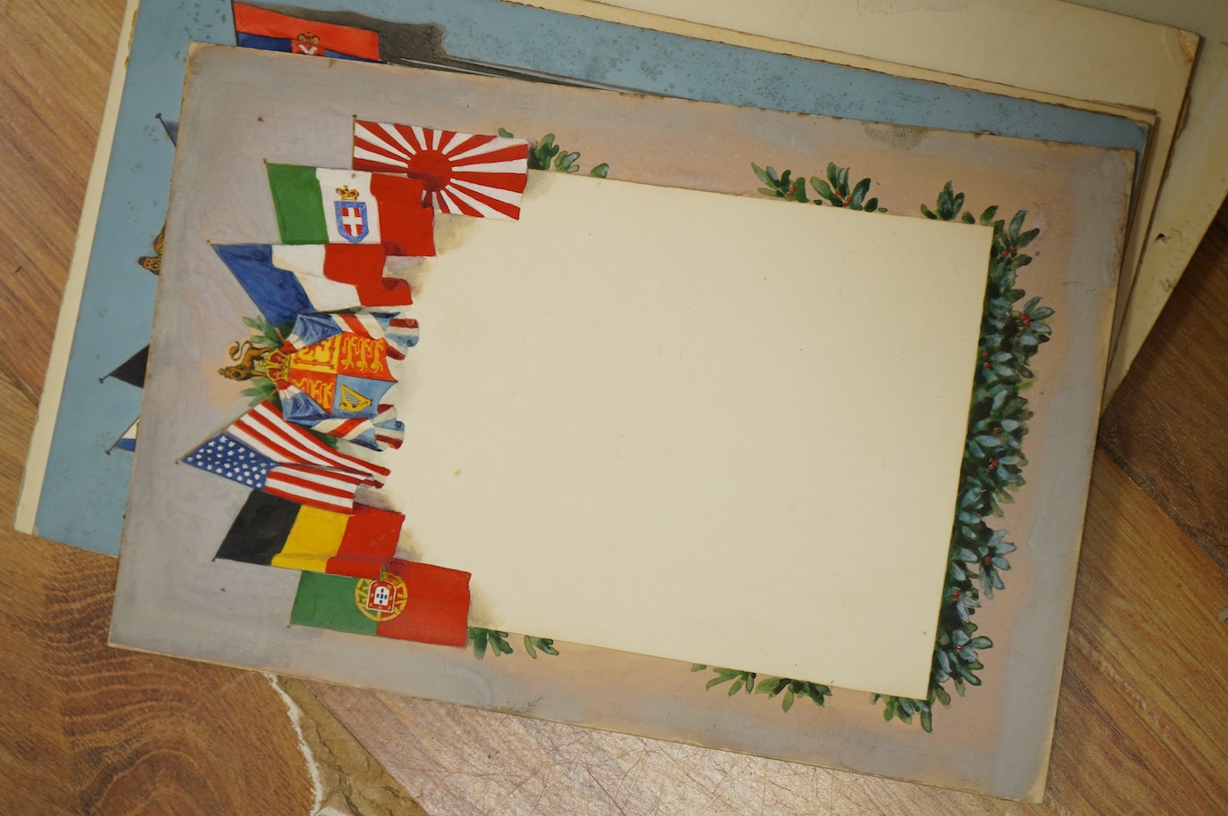 Charles Thomas Howard (1865–1942), nine original watercolours for patriotic postcard designs, WWI Flags of the Allied Nations, unframed, largest 14 x 23cm. Condition - fair